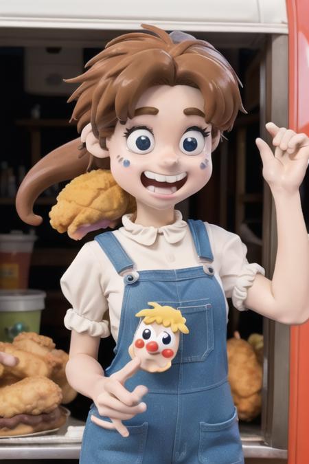 claymation, 80's anime style, 
lora:TFMJellyMage:0.8> JellyMage at a food truck, eating fried chicken, wearing overalls, dripping, puddle, very long ponytail