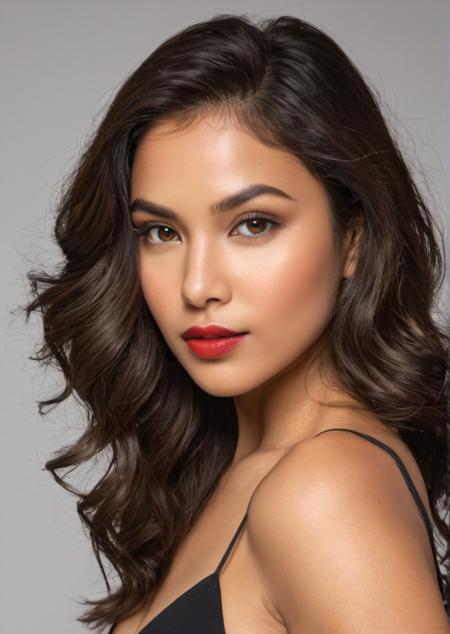 (Close-up photo:1.5) of woman's face, (from front:1.5),  camera is positioned at just the right angle to emphasize the captivating gaze and the intensity of her expression, focusing primarily on her eyes, mouth, and lips, 29 years old, woman, Indian, almond-shaped eyes displaying a mix of mystery and intrigue, eyebrows are well-groomed, accentuating her expressive eyes,mesmerizing shade of brown, flecked with gold hues <lora:DetailedEyes_V3:0>, nose is slightly aquiline,full luscious lips are the focal point of her face, bold red lipstick, subtle prominent cheekbones,heart-like face shape,delicate jawline, smooth complexion, flawless and radiant skin, even skin tone, realistic skin details, luscious hair with glossy locks, strands are styled in loose, tousled curls, hair texture is voluminous yet lightweight, detailed face, detailed feet, detailed skin,expression hints at a sense of playfulness and a secret desire, sense of intimacy, (hyperrealism, soft light, sharp), Cannon EOS 5D Mark III,85mm lens,  f/1.4, clean backdrop, film grain, smooth, sharp focus, high resolution, award winning photo, masterpiece, intricate detail, octane render, cinematic shot, realistic lighting, sharp focus, rule of thirds, cinematic lighting, soft sunlight, detailed shadows, realistic shadows, <lora:LowRA:0.4>,  <lora:add_detail:0.5>