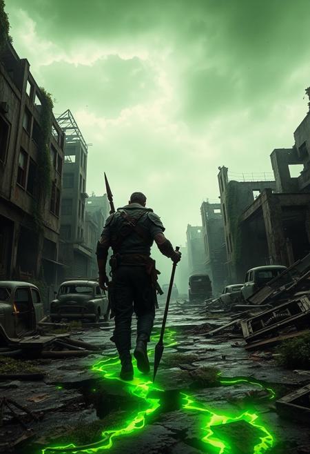 In the ruins of a shattered city, a lone survivor trudges through the desolate streets, surrounded by rusted vehicles and crumbling buildings. Vines and moss crawl over the decaying concrete, but all is eerily still. The sky above is a sickly green, casting an unnatural light over the scene. The survivor, dressed in tattered, scavenged armor, walks with determination, their silhouette sharply defined by the glowing green mist that swirls around their feet, trailing like toxic smoke. Dust and debris float lazily in the air, caught in faint beams of pale sunlight filtering through broken windows. In the survivor’s hand, a makeshift spear reflects a dull gleam, leading the eye towards them as the central focal point of the scene. The world around seems forgotten, but the figure presses forward, their path illuminated by the eerie glow emanating from cracks in the ground beneath their feet.