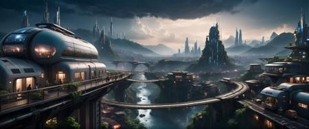 cinematic ground view of eschatological landscape of a futuristic sci fi city, harmonious, (bridges:0.4), (waterfalls:1.1), sci fi, (ultra realistic:1.2), (cables, antennas, parabolic receptors on rooftops, conditionning air systems:1.3), sinuous river, side, (vegetation:0.4), holograms, night, terraces, , happy life, flying taxis, magnetic rail trains, train station, drapery on windows, (full of life:1.2), high resolution, city, view from above, from the ledge, slums, hyper detailled view, intricate city, atmospheric lighting, high contrast, dar mood, gigantism, ultra large wide angle, full view,  <lora:xl_more_art-full_v1:0.4>  <lora:SDS_Contrast tool_XL:0.2>, great composition, rules of third, organic city , dramatic sky, storm in background,, shallow depth of field, vignette, highly detailed, high budget, bokeh, cinemascope, moody, epic, gorgeous, grainy, , 8k uhd, dslr, soft lighting, high quality, (film_grain:1.2), cinematic style, Leica M4,  50mm f/1.4 lens, f/2.8, ISO 400, 1/125 sec,