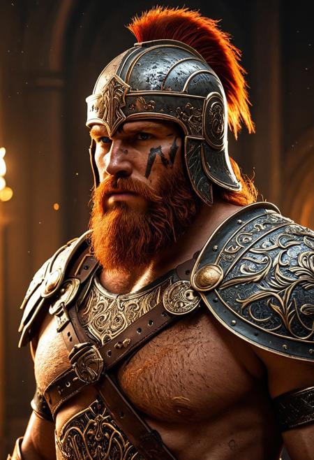 Artwork, barbarian, beard , ginger hair, scar,portrait, finely detailed gladiator armor,  secutor helmet, intricate design, cinematic lighting, dramatic lighting, 4k