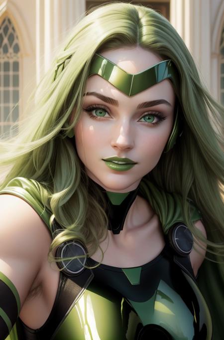 beautiful, (masterpiece:1.2), (best quality:1.2), perfect lighting, 1girl, close up, head shot, face focus, Polaris, cute pose, helmet, bodysuit, cape, smile, green lipstick, green eyes, <lora:polaris-10:0.8>, foreshortening, depth, simple gradient background