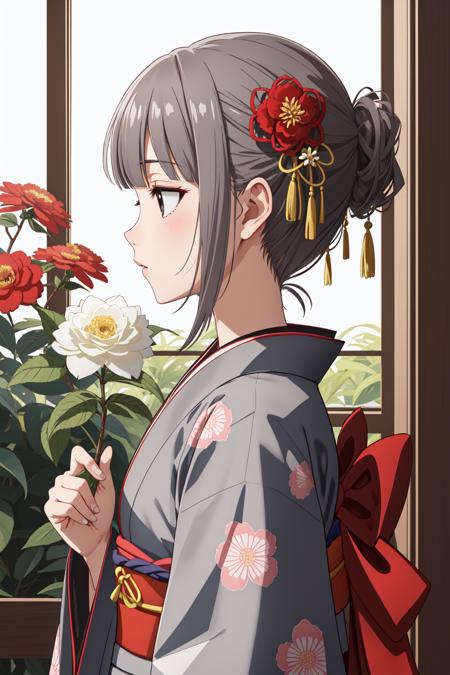 masterpiece, best quality, highly detailed, 1girl, asa no ha \(pattern\), black eyes, blunt bangs, bush, camellia, color connection, flower, flower knot, from side, grey hair, holding, holding flower, japanese clothes, kimono, medium hair, profile, red kimono, right-over-left kimono, solo, upper body