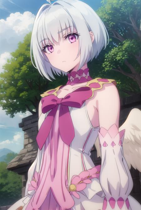fitoria, short hair, white hair, (pink eyes:1.3), ahoge, antenna hair, dress, bow, detached sleeves, wings, choker, feathered wings, angel wings, frills, pink bow,