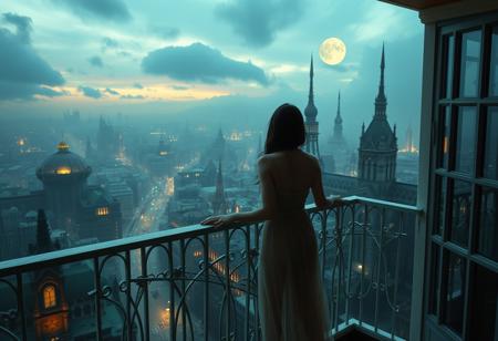 a woman is standing at a balcony overlooking a city, the woman is wearing a sheer see-through nightgown, the scenery underneath is a horror hellscape, the city has impossible eldritch architecture,