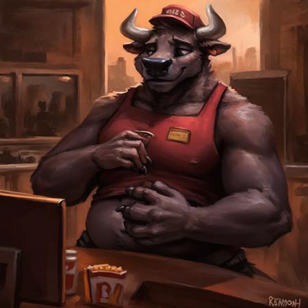 by kenket, by photonoko, by r-mk, by foxovh, by inkplasm
this image depicts a big buff and mildly chubby anthro bull. he is dressed in a fast food employee's outfit and it fits tightly to his semi-muscular body. he is quite large and tall and towers over a guest who is ordering food as he stands behind the cashier counter. his face is sincere and well meaning. the mood of the image is friendly.