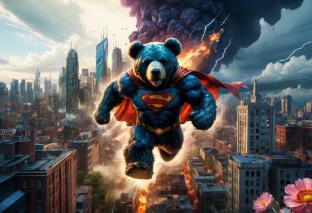 Huge teddybear running towards viewer with superman-cape on steel-beam high above skyscraper city, lightning, big explosion behind teddybear,Digital watercolor Illustration of a thunderstorm, by Waterhouse, Carne Griffiths, Minjae Lee, Ana Paula Hoppe, Stylized watercolor art, Intricate, Complex contrast, HDR, Sharp, soft Cinematic Volumetric lighting, flowery pastel colors, wide long shot, perfect masterpiecedetailed matte painting, deep color, fantastical, intricate detail, splash screen, complementary colors, fantasy concept art, 8k resolution trending on Artstation Unreal Engine 5, SoraSleepAI, Circle