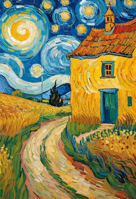 Create an image in the post-impressionist style of Vincent van Gogh, featuring a vibrant, swirling starry night over a rustic countryside. The painting should have bold, expressive brushstrokes and a rich color palette, capturing the emotional intensity and beauty of a star-filled sky.