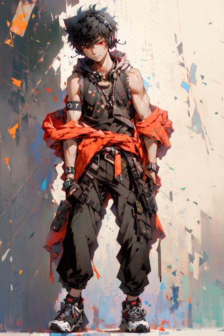 <lora:CraigMullins:1>, 1boy, male focus, headphones, solo, virtual youtuber, black hair, hood, full body, red eyes, pants, white background, headphones around neck, wristband, hoodie, sleeveless, simple background, black pants, standing, looking at viewer, sleeveless hoodie, black footwear, zipper, armband, see-through, straight-on