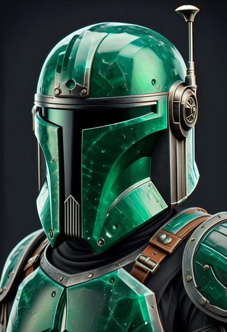 emeraldmorph ,made from emerald stone,(emerald stone:1.4) emeraldmorph ,made from emerald stone,(emerald stone:1.4) Close-up of Mandalorian helmet and armor, dark gray and black with detailed weathering effects, (metallic texture:1.3), (rusted-metal details:1.2), facing the viewer, centered in the frame , high-quality photorealistic rendering, detailed stitching and rivets on armor, deep shadows, darker background, realistic lighting emphasizing the texture, sci-fi style, Star Wars aesthetic, close-up view of armor details like the neck piece, (worn leather-like material straps:1.1) worn, and dirty appearance, low-key lighting emphasizes the contrast, detailed design of helmet, futuristic sci-fi design., (helmet dust and scratches:1.2), dark gray coloration, photorealistic rendition.