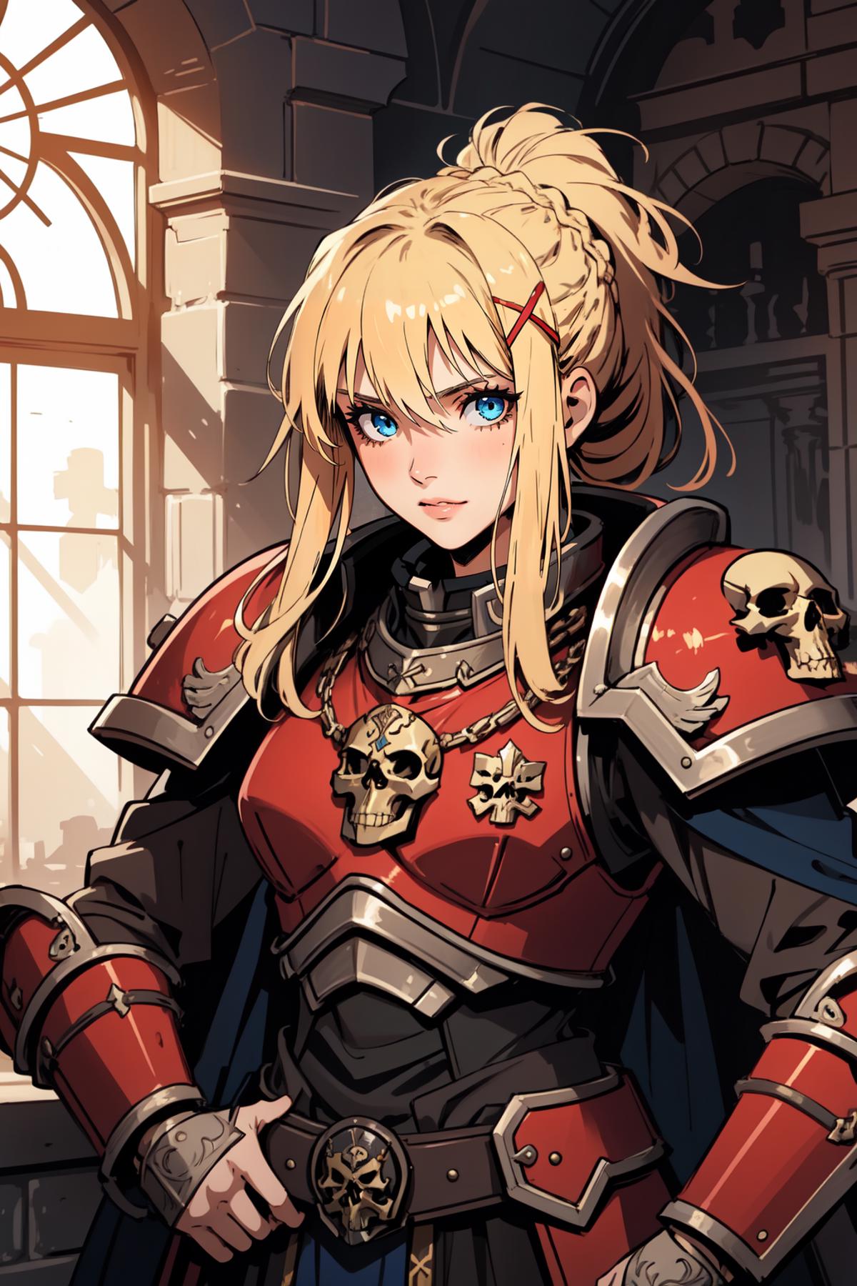 A red armored warrior with blue eyes and a red bow in her hair.