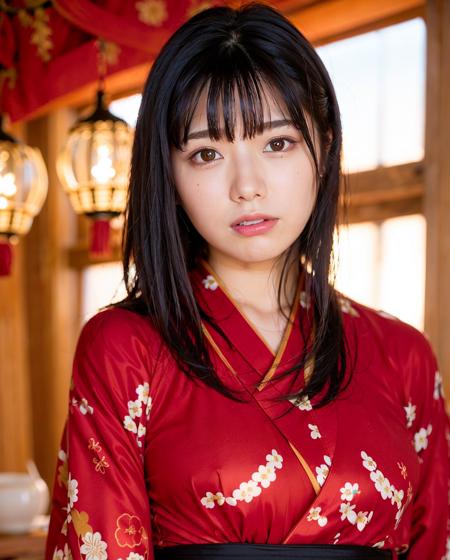 best quality, photorealistic, 8k, high res, 1girl, woman, (professional lighting), (portrait:0.6), (red kimono dress:1.72), gorgeous, black hair, (short hair:1.2), (1girl eyes looking at viewer:1.4), ((looking at viewer:1.6)), (looking at the camera), photorealistic, (bokeh), (portait:0.6), (dynamic pose:1.2), sfw, (smile:1), <lora:grav-kana:0.61>