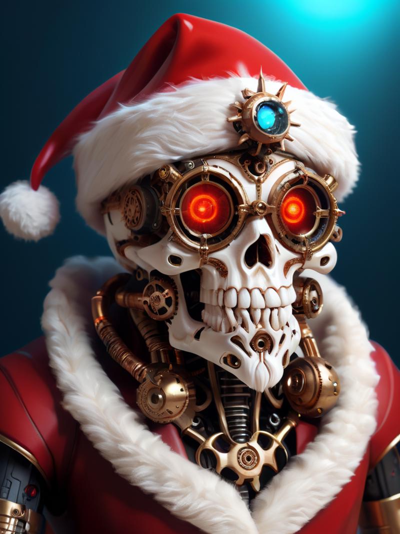 A robot wearing a Santa hat and goggles with a red coat and gears.