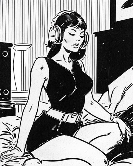 <lora:carlosgimenez:1> gimenez black and white drawing a ((tilted)) angle close, dynamic angle, beautiful woman, demure, , voluptuous, sitting  wearing big headphones, listening to music,  eyes closed,  meditating, vintage vinyl, record player on bed