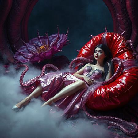 classy rich slender elegant russian baroness in glossy liquid satin provocative rich 1950s nightgown with lace inserts   and  glossy high heels, entangled in long tentacles, laying  reclined in weird red foil pillows, covered with giant ultrathin transparent glossy slime veils,   giant portal to outer space, fog from the floor, giant purple alien carnivorous flower with glossy spiked petals at background, weird alien hive slime walls and fleshy floor, horror, fashion look, hollywood, vogue makeup, long haired, ultrathin waisym reminiscent of H.R. Giger, Zdzisław Beksinski, and Ash Thorp's dark, sleek styles, with close-up glamour photography, glossy satin and silver heels glistening, fleshy slime dripping, and dark shadows.