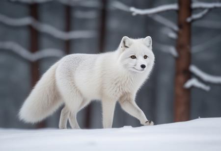 very realistic photograph of a arctic fox walking in a snowy field, coniferous forest background
