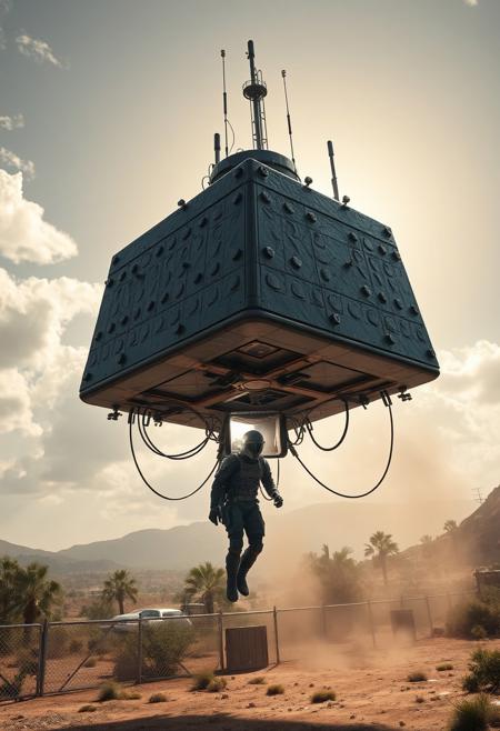 ultra high resolution, masterpiece, best quality, small featureless angular glossy black spacecraft with a heavily textured surface hovering low to the ground, underneath the spacecraft are cables hoses and wires, antennas on top, cables hanging from below, rectangular in shape, futuristic world, post apocalyptic landscape, anti gravity, in the atmosphere, sky, clouds, ground visible, hovering,  green trees and hills, rocky outcroppings, small buildings, chain link fence, small open entrance ramp at the lower edge of spacecraft, soldier in dark armored spacesuit debarking from a brightly backlit entrance, bright noon sun, dusty