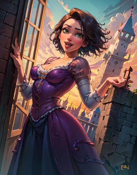 (RapunzelWaifu:1), 1girl, cute, cute pose, (short hair, brown hair, green eyes), (purple dress), curvy, looking at viewer, smile, :D, breast focus, leaning forward, 
(detailed ladscape, castle, window, sky, bricks, clouds:1.2), window, (background:1),  (dynamic_angle:1.2), (dynamic_pose:1.2), (rule of third_composition:1.3), (dynamic_perspective:1.2), (dynamic_Line_of_action:1.2), solo, wide shot,
(masterpiece:1.2), (best quality, highest quality), (ultra detailed), (8k, 4k, intricate), (full-body-shot:1), (Cowboy-shot:1.2), (50mm), (highly detailed:1.2),(detailed face:1.2), detailed_eyes,(gradients),(ambient light:1.3),(cinematic composition:1.3),(HDR:1),Accent Lighting,extremely detailed CG unity 8k wallpaper,original, highres,(perfect_anatomy:1.2),
 <lora:RapunzelShortHair_Character-10 (1):1>