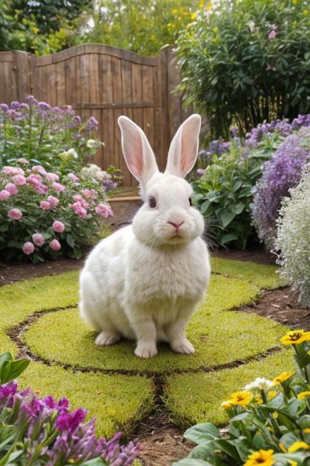 Brown white dwarf rabbit, garden,lsdr,masterpiece,natural pic, realistic background