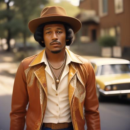 a vintage retro 70's photo of a black man with a hat, black hair, jacket, white button up shirt. Standing in the street. 
<lora:RetroStyleV1:1> 60Retro69Punch75, Retro aesthetics, aged film look, sepia tone, classic framing, vintage props, nostalgic atmosphere, grainy texture, antique colors, soft focus, old-fashioned elegance, timeless beauty, Intricate, High Detail, dramatic