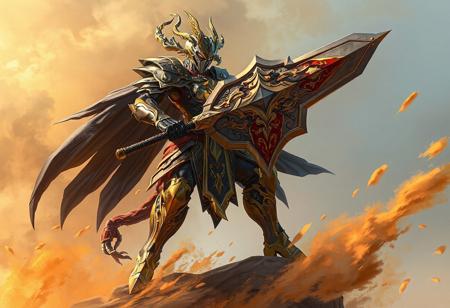"Create a high-definition, 4K digital illustration of a Mechquipped Djinn Angeneral standing proudly on a Diamond-Dust Cyclone. The Angeneral, donning intricately detailed black and gold armor, wields a large sword and shield adorned with red and gold accents. The Angeneral's helmet, also black with a gold visor, exudes a sense of power and strength. The Diamond-Dust Cyclone serves as a dramatic and fitting backdrop, tying in the colors of the Angeneral's armor and weaponry. Utilize vivid emotions, dynamic action poses, captivating lighting, and a cinematic, hyperrealistic style to bring this epic character to life. Aim for a concept art piece that captures the attention of the CGSociety and Artstation communities."
