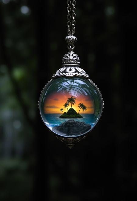 a silver covered detailed pendant with a crystal ball in it, hanging in a dark forest, the crystal ball contains a tropical island