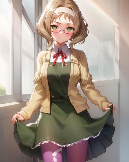 <lora:Akihara_Sekka-10:0.8>,1girl, solo, pantyhose, glasses, purple pantyhose, green eyes, brown hair, hairband, skirt, school uniform, short hair, cardigan,