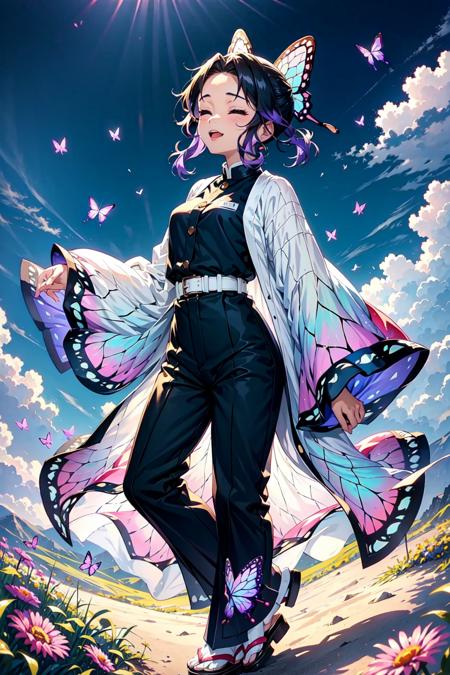 shinobu, 1girl, solo, smile, short hair, black hair, hair ornament, long sleeves, standing, full body, closed eyes, purple hair, flower, outdoors, japanese clothes, sky, belt, pants, cloud, wide sleeves, from side, parted bangs, night, bird, sandals, bug, animal print, butterfly, blue flower, butterfly hair ornament, haori, field, white belt, blue butterfly, demon slayer uniform, butterfly print, butterfly on hand, masterpiece, royal background, magical, <lora:shinobu:1>