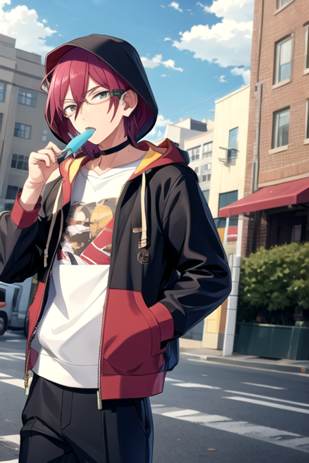 <lora:Ibara-04:0.8> , ibaraes, looking at viewer, short hair, shirt, jacket, outdoors, food, open clothes, glasses, choker, day, belt, pants, hood, hoodie, sunglasses, building, hooded jacket, hood up, hand in pocket, popsicle, city, sign, eyewear removed