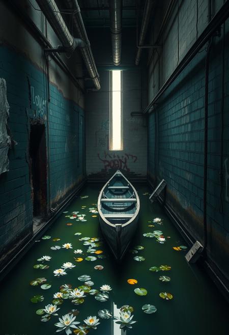 This image is a highly detailed photograph of an urban decay scene, set within a narrow, dimly lit alleyway. The scene features a small, stagnant pool of water at the center, reflecting the surrounding environment. The water is a murky green, with scattered water lilies and white lotus flowers floating on its surface, adding a surreal touch to the otherwise gritty setting. The walls on either side of the alley are peeling and covered in graffiti, with various shades of teal and rust, contributing to the overall derelict atmosphere. The ceiling and walls are adorned with industrial pipes and exposed, rusted metal, further emphasizing the decay. A narrow wooden rowboat with a weathered finish is positioned near the center of the pool, adding an element of isolation and abandonment. A narrow, vertical opening in the wall at the far end of the alleyway allows a narrow beam of light to filter through, illuminating the water and creating a stark contrast with the dark, shadowy surroundings. The overall color palette is dominated by muted greens, teals, and rust, with subtle highlights of white from the flowers and the light beam. The image is rich in texture and detail, capturing the essence of urban decay with a haunting, almost poetic quality.