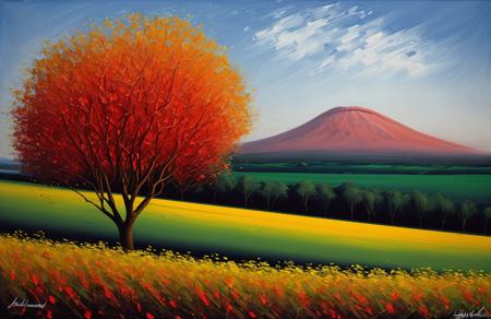 (style of Josh Adamski:1.2), scenery,a painting,scene painting, hedgerow,orchard ,plantation ,parcel ,arboretum , Volcanic ,