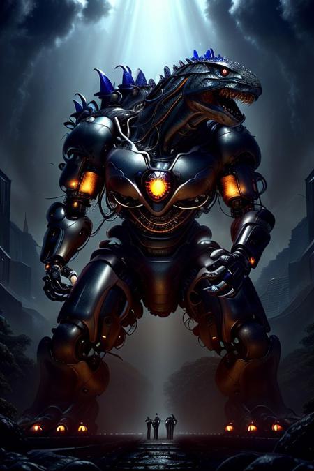 cinematic film still silverpulse, cyborg Godzilla, simple background, high quality, artistic, vibrant colors, detailed textures. futuristic sleek/glossy silver and blue glow, vibrant colors, detailed textures., Concept art, cyborg, background, vintage, modern, SilverPulse, <lora:SilverPulseMorphXL:0.8>, excellent composition, artistic, highly detail, holy, sunny, dynamic dramatic beautiful full taking . shallow depth of field, vignette, highly detailed, high budget, bokeh, cinemascope, moody, epic, gorgeous, film grain, grainy,from below,