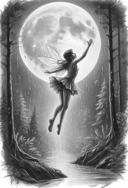 Hand-drawn sketch, overhead view of a fairy mid-leap in a rain-soaked forest under a full moon. Wet scene, reflective surfaces, drizzling rain, rough pencil strokes, textured, white background.