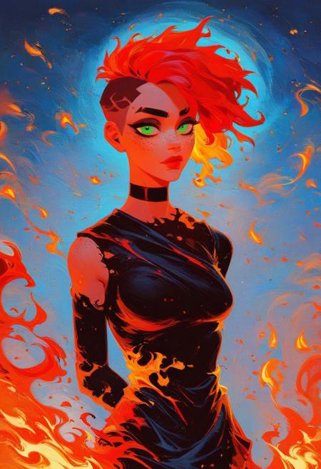 score_9, score_8_up, score_7_up, masterpiece, minimalist, novuschroma04 style, ((front view)), (1girl, clothing burning away, choker, short red hair, undercut, vibrant red hair framing her face, freckles, green eyes, large and expressive eyes, medium breasts), emerging from a raging fire, walking out of fire, (walking toward viewer), fire, flames, fire and flames in background, flames wrapping around her body, backlit, back lighting, harsh shadows, hard shadows, goth girl, goth, Minimalism, Greyscale, Stylized, revealing clothes, wet, steaming body, glowing clothes, burning clothes,