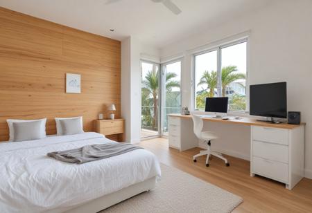 Bedroom, beach house, outside sea, beach, palmtree outside window, blow fan, summertime, sun shining through window, iMac, desk, keyboard and mouse, modern shelves, white cupboard, timber floor, TV, cup of coffee, sandals, lamp, carpet, wooden walls, detailxl