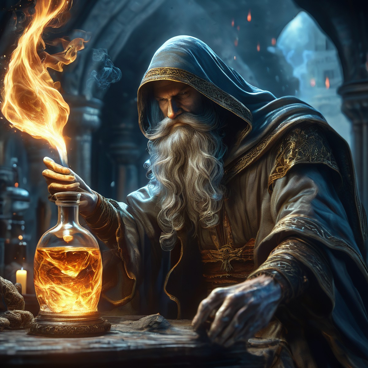an close up cinematic shot of a wizard, holding a glass bottle, inside the glass bottle are fire, water, earth and wind el...
