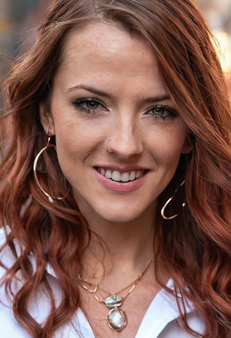 (super-high resolution), (intricate detail), (highest quality), nsfw, brtny woman, white blouse necklace, earrings, bangles, glossy lips, eyeliner, BREAK, professional modelling photography, high quality camera, skim blemishes, smile, red hair<lora:LowRA:0.3>