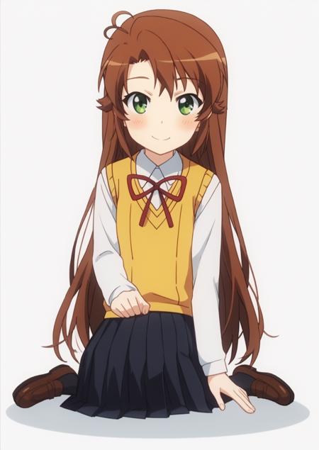 KoshiKomAnime, 1girl, solo, long brown hair, ahoge, green eyes,  KoshiKomAnime, 1girl, solo, long brown hair, ahoge, green eyes, school uniform, yellow vest, red ribbon, black pleated skirt,   KoshiKomAnime, 