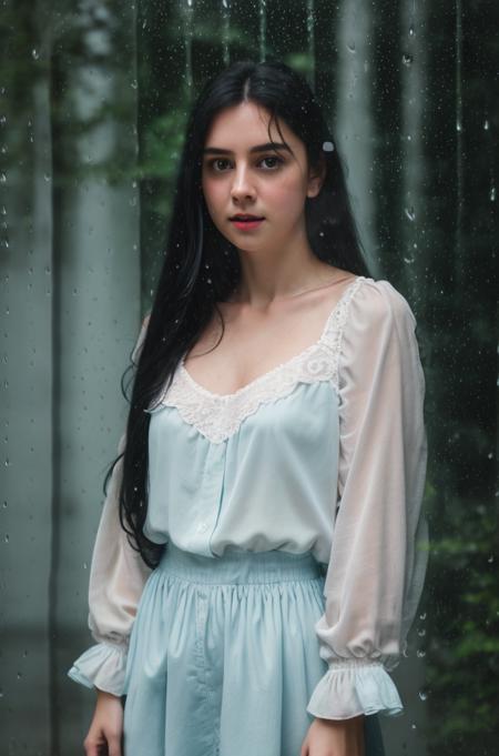 RAW photo, subject, 8k uhd, dslr, soft lighting, high quality, film grain, Fujifilm XT3, professional photo, (detailed skin:1.3), high quality, pastel colors,  pastel teal, orchid, hard shadows, portrait, light blue eyes, <lora:Raincore:0.67> , raincore, rain, reflection, full body, full moon, white blouse, long black hair,