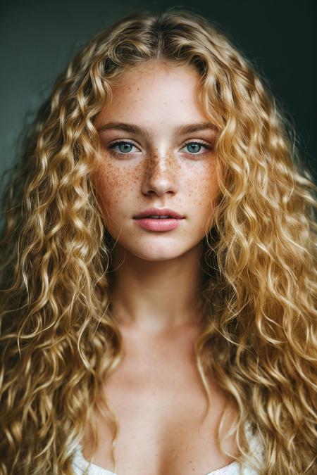 a portrait photo of a beautiful woman with curls and lots of freckles, (dirty blonde hair), (face portrait:1.5), dramatic light , Rembrandt lighting scheme, (hyperrealism:1.2), (photorealistic:1.2), shot with Canon EOS 5D Mark IV, detailed face, detailed hair, RAW candid cinema, 16mm, color graded portra 400 film, remarkable color, ultra realistic, textured skin, remarkable detailed pupils, realistic dull skin noise, visible skin detail, skin fuzz, dry skin, shot with cinematic camera