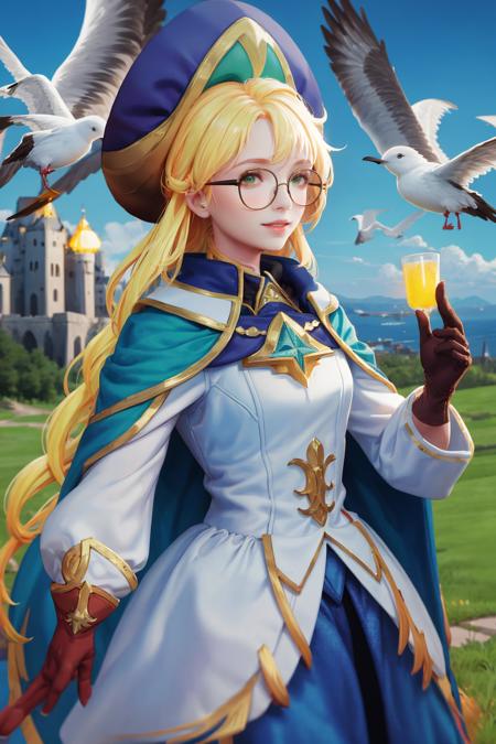 <lora:annette-08:1>,1girl, solo, bangs, long hair, yellow hair, parted lips, green eyes, gloves, cloak, glasses, (purple|yellow:0.5) hat,  (gulls), sky, clouds, castles, trees, look at the viewer, smile, (masterpiece,best quality:1.5)