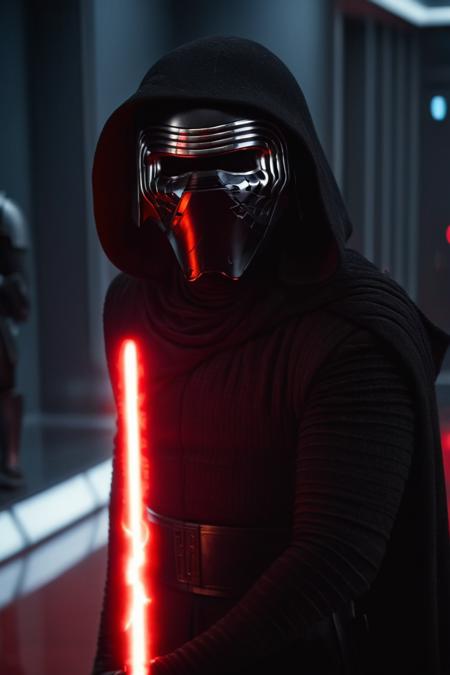 cinematic film still kylo ren, lightsaber, helmet, hood, at museum <lora:Kylo_Ren_XL:0.8> . shallow depth of field, vignette, highly detailed, high budget Hollywood movie by alejandro gonzález iñárritu, bokeh, cinemascope, moody, epic, gorgeous, film grain, grainy