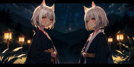 ASCIImksks style, (cinematic composition, cinematic lighting, symmetry:1.3),
BREAK (1girl, solo, standing, white hair, cat ears, red eyes, arms at sides, orange eyes, black kimono, upper body),
abandoned kitsune shrine in the woods,in the mountains,scenery,landscape,(summer theme:1.3),
<lora:autumnorange-768-000005:0.65>