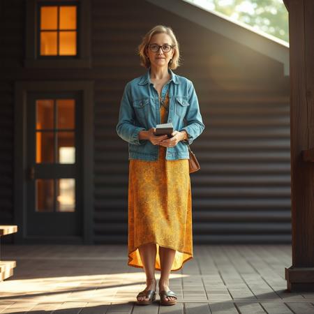 masterpiece full-body portrait of a casually dressed woman outdoors::1.4, rustic natural light photography style::1.2, realistic digital painting::1.1,
(physical description: adult woman, medium to full build, standing facing the viewer, wearing eyeglasses, holding a phone or book:1.1)
(facial features, expression: soft, relaxed expression, natural lighting on face:1.0)
(clothing details: denim jacket or shirt over a patterned midi dress in yellow and brown tones, open-toed sandals:1.0)
(accessories: eyeglasses, possibly subtle jewelry or practical bag, anklets, and metal jewelry,:0.9)
(background setting: outdoor porch or deck area with rustic elements—building with dark siding and log cabin features, one window glowing with warm interior light:0.9)
(lighting style: bright sunlight with noticeable glare or lens flare, emphasizing the warmth and clarity of day:0.8)
(composition and camera framing: full-body shot centered on the subject, naturalistic framing with a slight tilt to capture architectural details:1.0)
(emotional tone or theme: calm, grounded, and rustic with a hint of domestic coziness:0.9)
(technical execution: realistic digital texture on clothing and wood grain, warm contrast between sunlit elements and shadows, strong subject focus with soft background:0.8)
