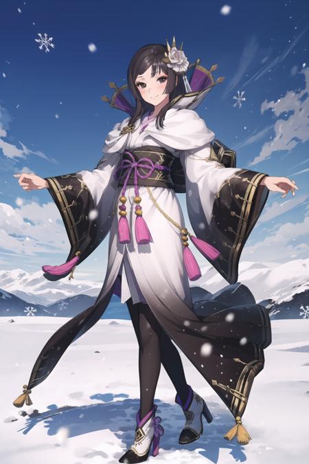 (masterpiece),(best quality),
(aya_wo4u:1.21), 1girl,  solo,  full body,  black hair,  black eyes, kimono, long hair, hair ornament,  robe, pantyhose,  ankle boots,  high heels, smile,  (realistic:-1), blush, snowing, snow, winter, makeup,
<lora:add_detail:0.3>, outdoors, <lora:AyaV2:0.9>,