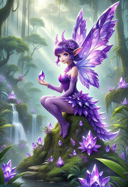 made of sparkling amethyst crystals,
Rating_PG.
masterpiece,perfect quality,best quality,absolutely eye-catching,
A misty rainforest, living magical amethyst creatures like faeries