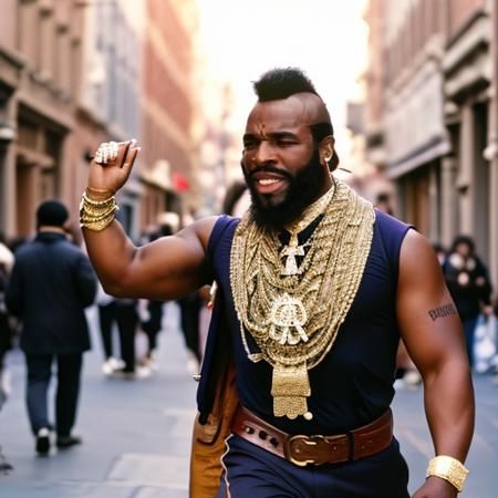 a man walking on a crowded street , full body,  Highly detailed, masterpiece, best quality, photorealistic, laughing,  <lora:MrTLora:0.8> male focus, realistic, dark skin, facial hair, beard, black hair, manly, jewelry, mohawk, bracelet,