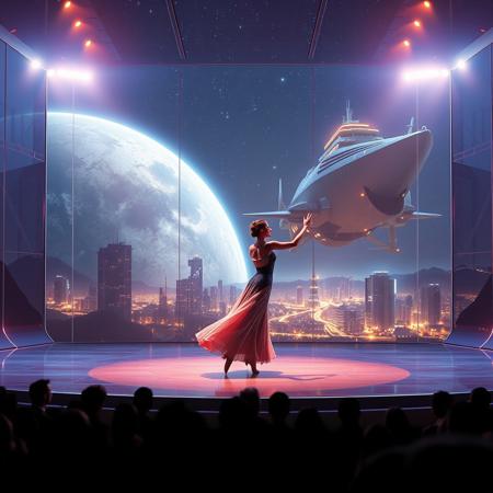 immaculately detailed realistic ultra quality image of a beautiful elegant female dancer is dancing on a futuristic stage micro-LED lighted, behind the dancer on the stage is an enormous seamless and futuristic wall to wall and floor to ceiling window that looks out at a the planet's surface, the planet is covered with the lights of enormous buildings and cities, An enormous deco starship with futuristic lighting and an enormous space station are visible in the background among the stars, Artistic art deco, dynamic perspective, (((overall architectural aesthetic is Art Deco Cyberpunk))).  Epic image that elicits a feeling of romanticism, wonder, and awe, the silhouette of the audience can be seen in the foreground,