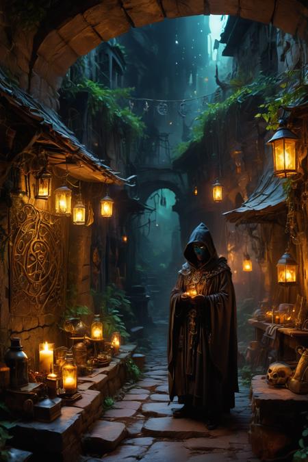 Imagine a shadowy, underground chamber filled with a maze of stalls and pathways. The market is dimly lit by flickering torches and candles, casting long shadows on the stone walls. The air is thick with an eerie, unnatural glow that seems to emanate from some of the objects on display.
Each stall is cluttered with a variety of strange and mystical items: enchanted artifacts that glimmer with magical energy, bottles of potions in vibrant colors, and cursed objects that emit a sinister aura. There are also cages containing rare and dangerous creatures, their eyes glowing in the darkness.
The vendors are an eclectic mix of supernatural beings. Some have grotesque features like horns, scales, or glowing eyes, while others are cloaked in shadow, their faces obscured. They stand behind their stalls, watching visitors with shrewd, calculating gazes.
The market is crowded with a diverse array of beingsâdemons, dark witches, and sorcerersâmoving cautiously through the aisles. Many wear cloaks or masks to conceal their identities, adding to the air of mystery and intrigue. The atmosphere is tense, with an undercurrent of danger and suspicion.
Overhead, strange symbols and runes are carved into the stone ceiling, glowing faintly. The pathways are lined with cobblestones, worn smooth by the passage of countless visitors over the ages. The entire scene is a chaotic yet organized array of dark and forbidden wonders. <lora:extremely_detailed:1> <lora:SDXLFaeTastic2400:1>