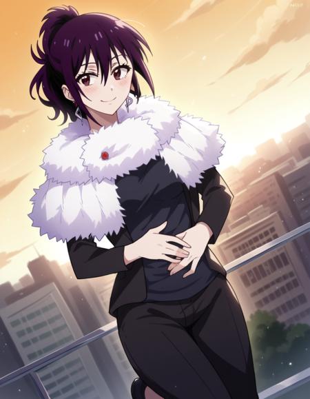 hana kirisaki, purple hair, brown eyes, ponytail, short hair, hair between eyes, medium breasts, formal, suit, office lady, fur trim, earrings,